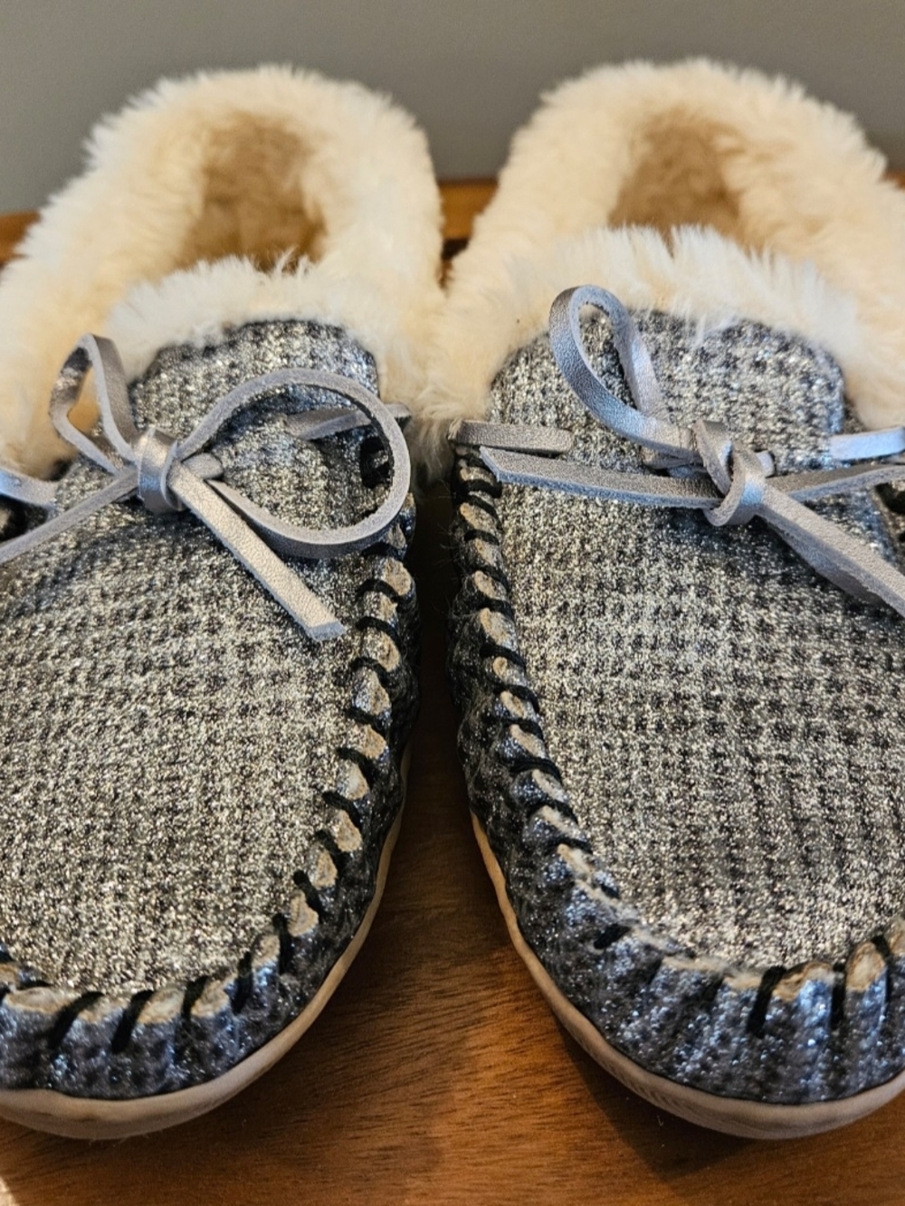 J. Crew Silver Faux-Fur Lined Moccasin Slippers